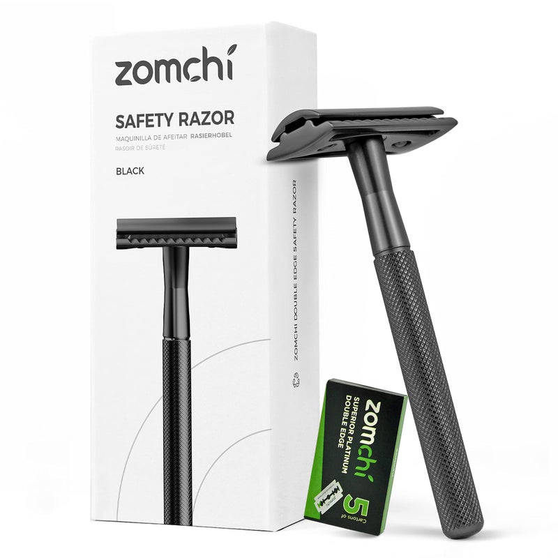 ZOMCHI Safety Razor for Men with 5 Double Edge Safety Razor Blades, One Blade Safety Razor, Metal Razor Zero Waste â€“ Black - Image 1